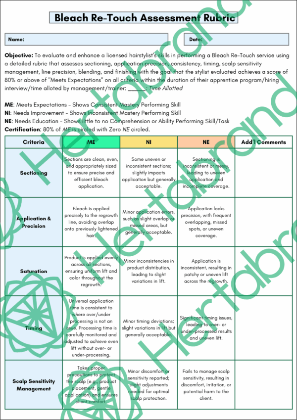 Salon rubric assessing bleach retouch techniques including application precision, timing, and sensitivity management.