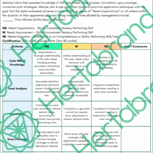 Rubric evaluating hairstylists’ color theory knowledge including tonal analysis and corrective strategies.