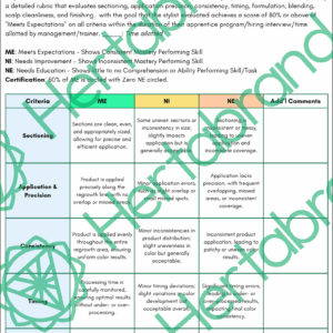 Color touch-up assessment rubric for hairstylists evaluating application precision, timing, blending, and formulation.