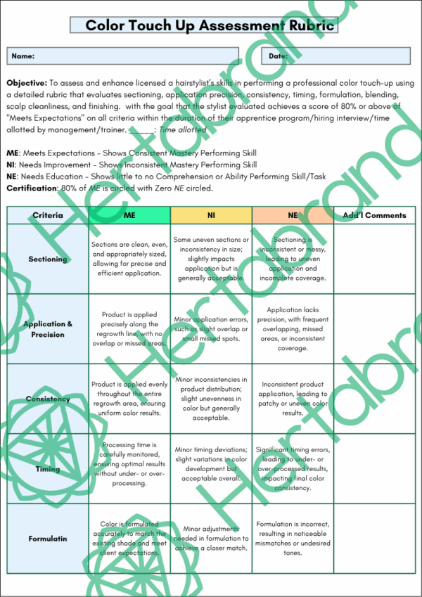 Color touch-up assessment rubric for hairstylists evaluating application precision, timing, blending, and formulation.