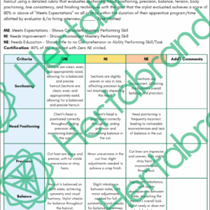 One-length haircut assessment rubric covering sectioning, head positioning, and precision for salon stylists.