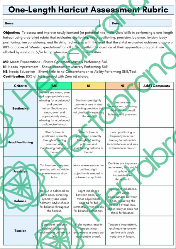 One-length haircut assessment rubric covering sectioning, head positioning, and precision for salon stylists.