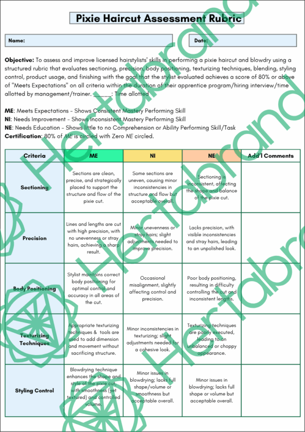 Pixie haircut rubric assessing sectioning, precision, body positioning, and styling control for professional salon training.