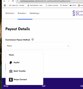 Seller Payout Details for Stripe Connect in Stylists Pay Stylists Dashboard.