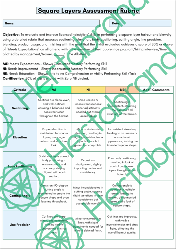 Square layer haircut rubric evaluating sectioning, elevation, cutting angle, and line precision.