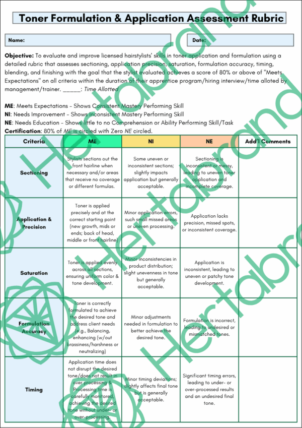 Toner formulation and application rubric assessing saturation, precision, accuracy, and timing in professional salon settings.