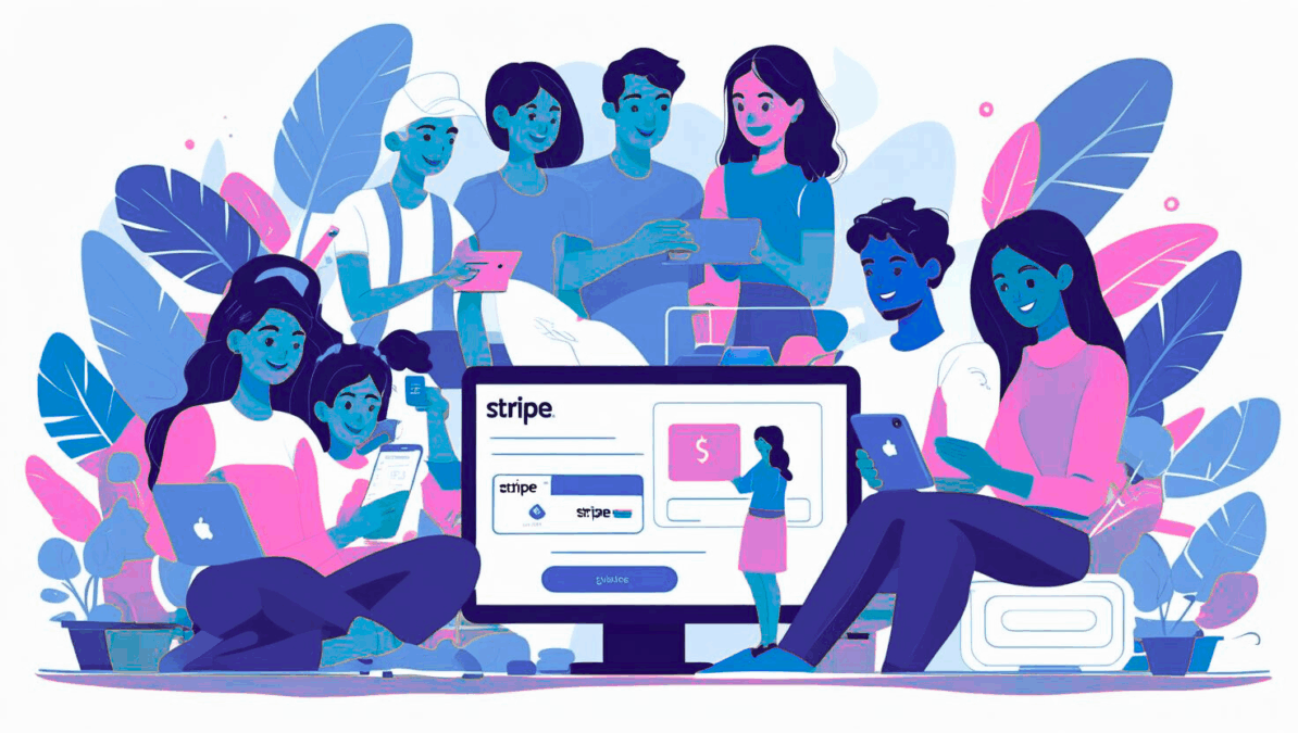 Graphic image with people and Stripe being shown on a laptop