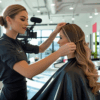 Hairstylist finishing a styling for a client - sell a digital product on stylists pay stylists