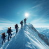 Hairstylists climbing a mountain to show achievement