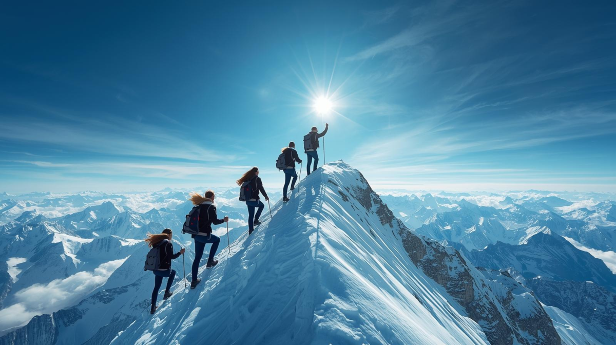 Hairstylists climbing a mountain to show achievement
