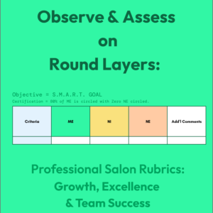 Round layers haircut assessment rubric cover page for salon stylist training and education. Green “Observe & Assess on Round Layers” evaluation sheet with SMART goal objective and certification standard (80% ME with zero NE). Includes rubric table with columns for Criteria, ME (Meets Expectations), NI (Needs Improvement), NE (Needs Education), and Additional Comments for coaching notes.