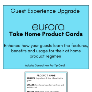 Cover page for “Guest Experience Upgrade: Eufora Take Home Product Cards.” Blue layout describing a client aftercare resource that teaches product features, benefits, and usage for at-home haircare regimens and includes a general hair pro-tip card. Includes a sample card layout showing sections for product name, benefits, usage, and stylist pro-tip, with Hertabrand branding at the bottom.