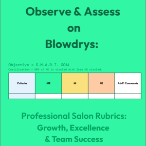 Blowdry assessment rubric for salon training and stylist education. Green “Observe & Assess on Blowdries” evaluation sheet with SMART goal objective and certification standard. Includes criteria checklist with ME (Meets Expectations), NI (Needs Improvement), NE (Needs Education), and an additional comments section for coaching feedback.