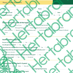 Chemical Service Returning Guest Consultation Form a professional salon intake template designed for hairstylists to improve communication, prevent redos, and document detailed chemical service consultations.