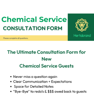 Chemical Service Returning Guest Consultation Form cover page by Hertabrand featuring a professional salon intake template designed for hairstylists to improve communication, prevent redos, and document detailed chemical service consultations.