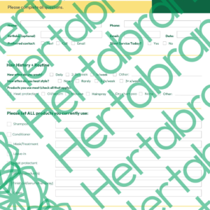 Professional Haircut and Style Consultation Form by Hertabrand created for hairstylists to document client expectations, hair history, and styling habits before cutting.